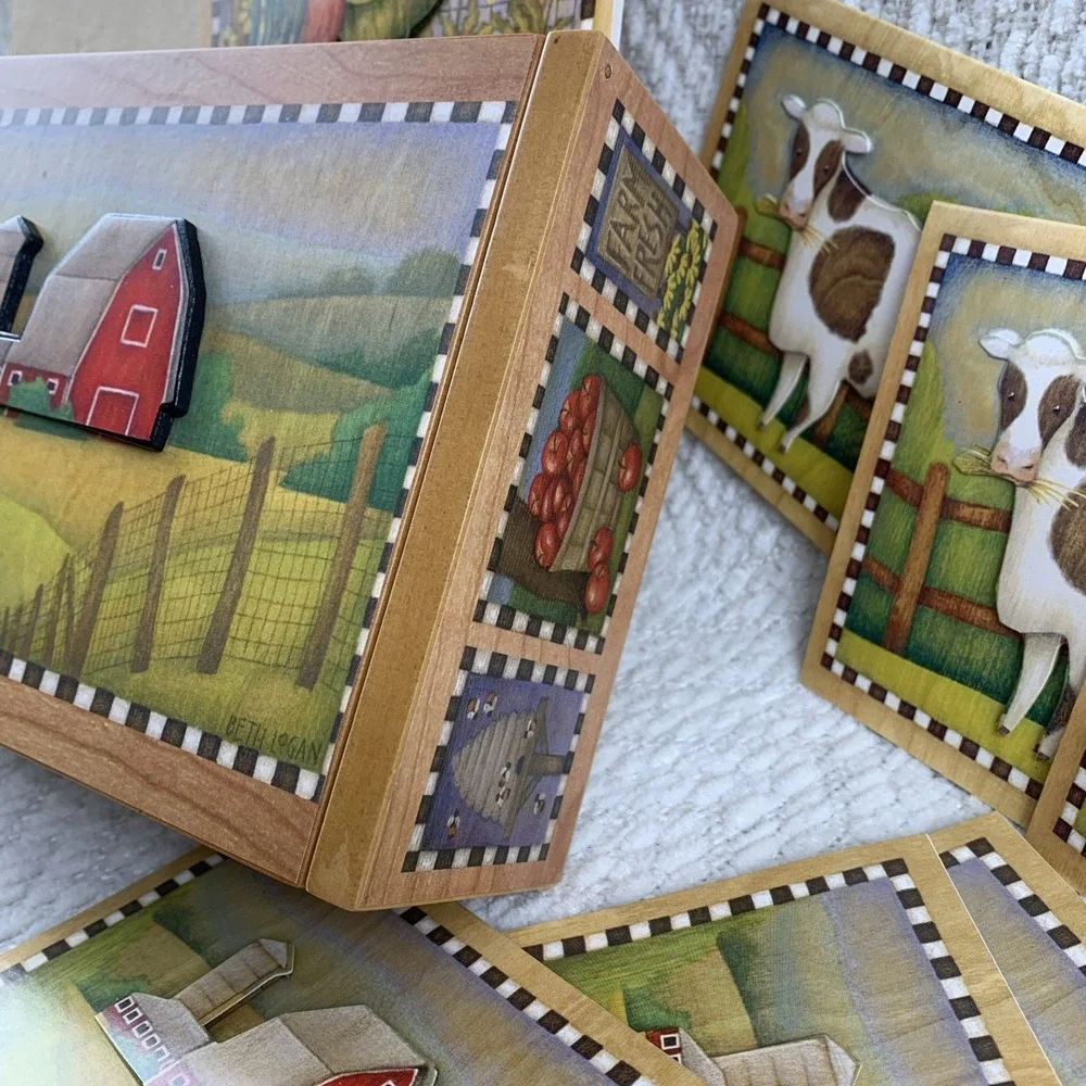 VTG 2003 BETH LOGAN Wooden‎ Box With 3D Notecards Farm Cow Barn Rooster Daisies